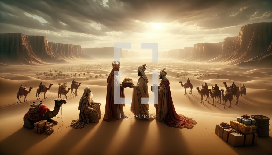 Three wise men with camels in the desert.