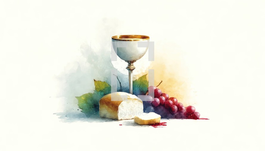 Eucharist. Corpus Christi. Sacred chalice with wine, grapes and bread on watercolor background. Digital watercolor painting.

