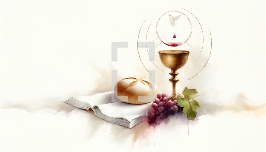 Eucharist. Corpus Christi. Bible, wine, bread and wine chalice on a white background. Digital illustration.

