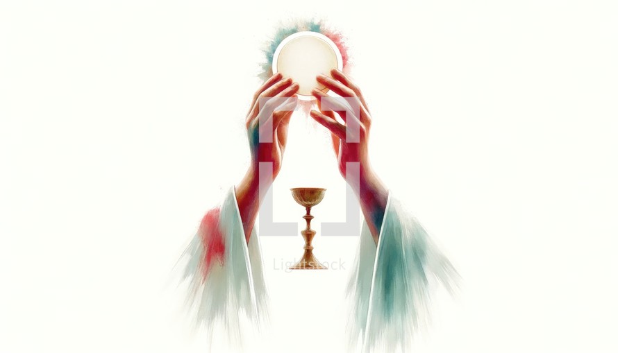 Eucharist. Corpus Christi. Hands holding the sacred host with chalice. Eucharist symbols of the communion. Digital illustration.

