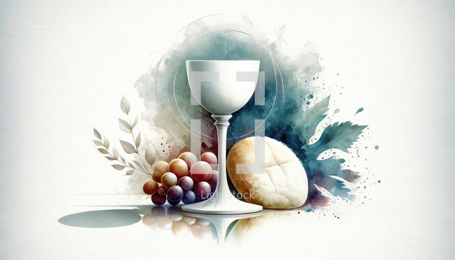 Eucharist. Corpus Christi. Wine chalice, bread and grapes on abstract watercolor background.

