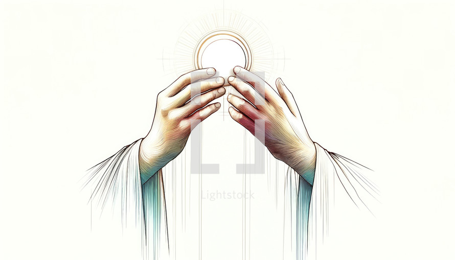 Eucharist. Corpus Christi. Hands holding the sacred host. Digital illustration.

