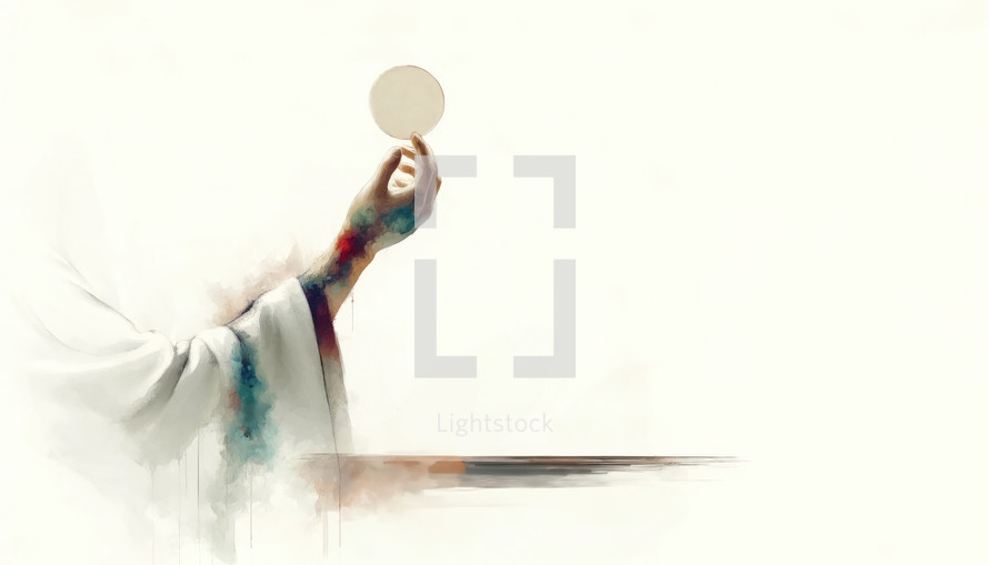 Eucharist. Corpus Christi. Hand holding the sacred host. Digital illustration.

