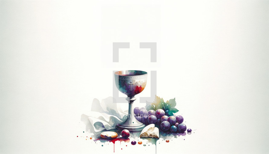 Eucharist. Corpus Christi. Wine chalice and grapes on a white background. Copy space. Digital watercolor painting.

