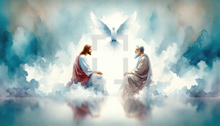 The Holy Trinity: the Father, the Son, and the Holy Spirit. Digital watercolor painting. 