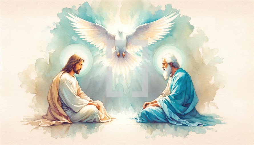 The Holy Trinity: the Father, the Son, and the Holy Spirit. Digital watercolor painting. 