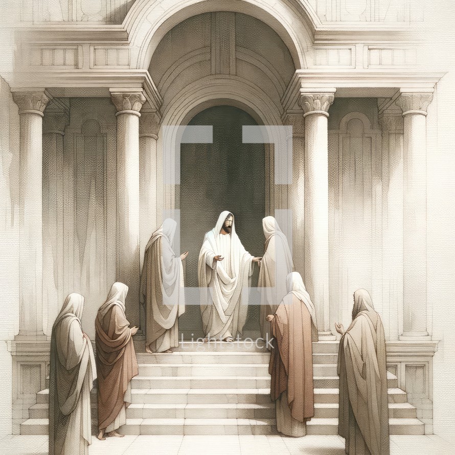 Ministry of Jesus. Jesus preaching standing in front of the synagogue. Digital watercolor painting