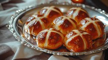 Easter. Good Friday. Hot cross buns on a silver plate