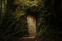 A mysterious figure emerges from a hidden door into a concealed room within the dark forest