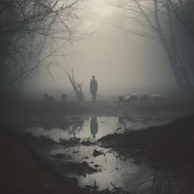 A man walking through misty woods as a small sheep with its head buried in the mud creates a surreal and intriguing scene