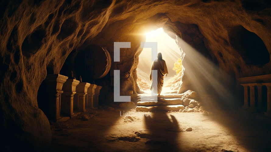 Jesus leaving behind his empty tomb