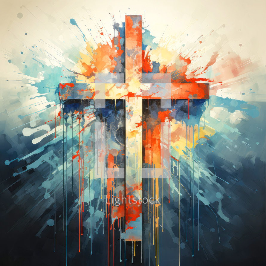 Cross with colorful splashes on grunge background. Christian symbol