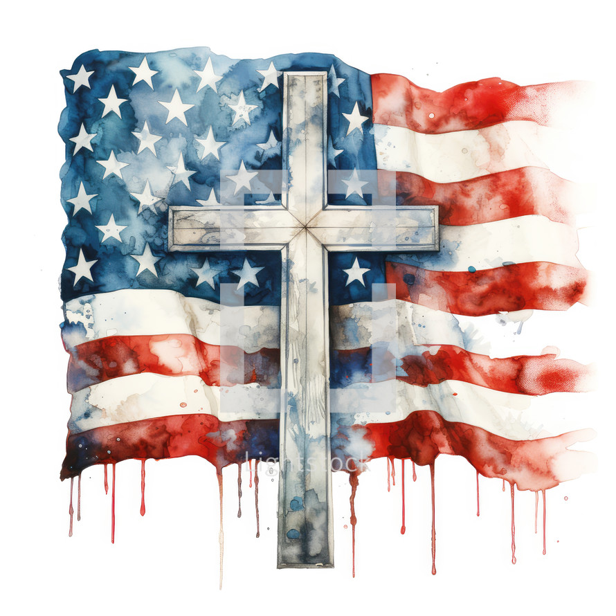 American flag with cross. Hand drawn watercolor illustration isolated on white background.