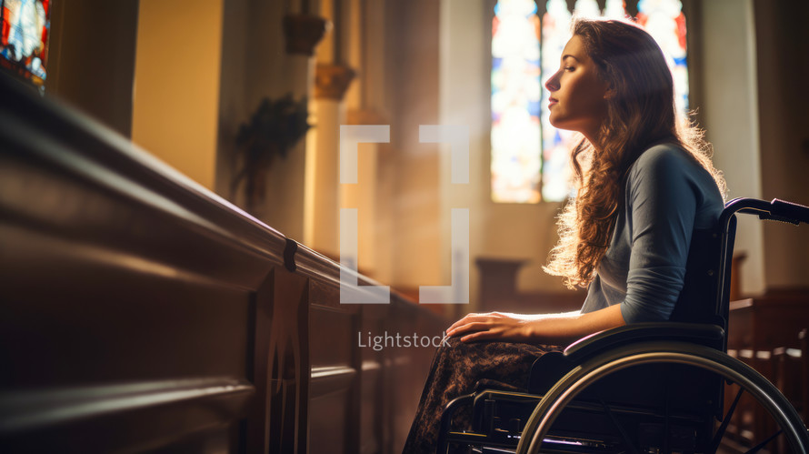 Young woman in a wheelchair praying in a Church. Selective focus.