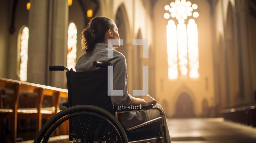 Young woman in a wheelchair in a church, rear view