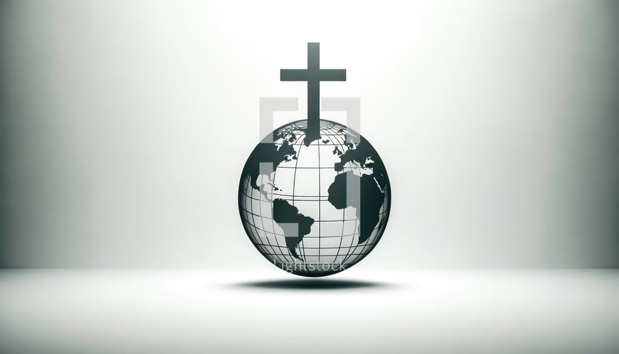 Religious global mission: Spreading the word. Cross of Jesus Christ with Earth Globe on White Background.	