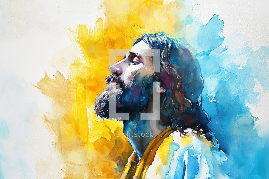 Portrait of Jesus with his eyes closed, praying. Colorful oil painting.