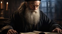 Portrait of an old jewish man with a long beard reading the bible