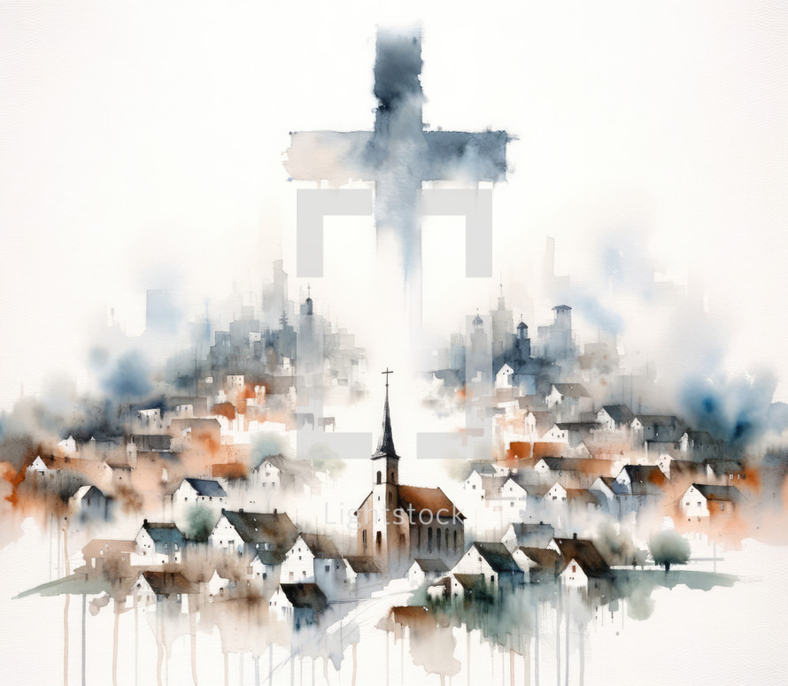 Watercolor painting of a Christian cross over the town on a white background. Watercolor digital painting.