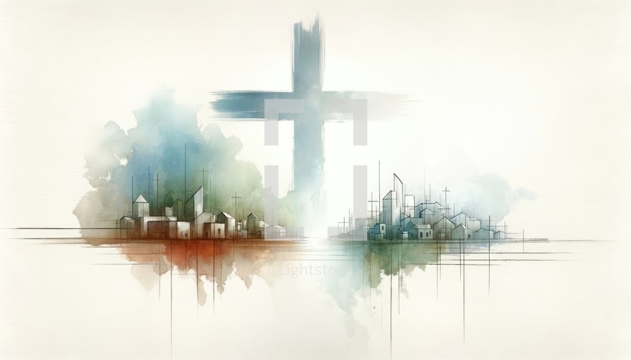 Cross of Jesus Christ and the city on a watercolor background. Watercolor digital painting.