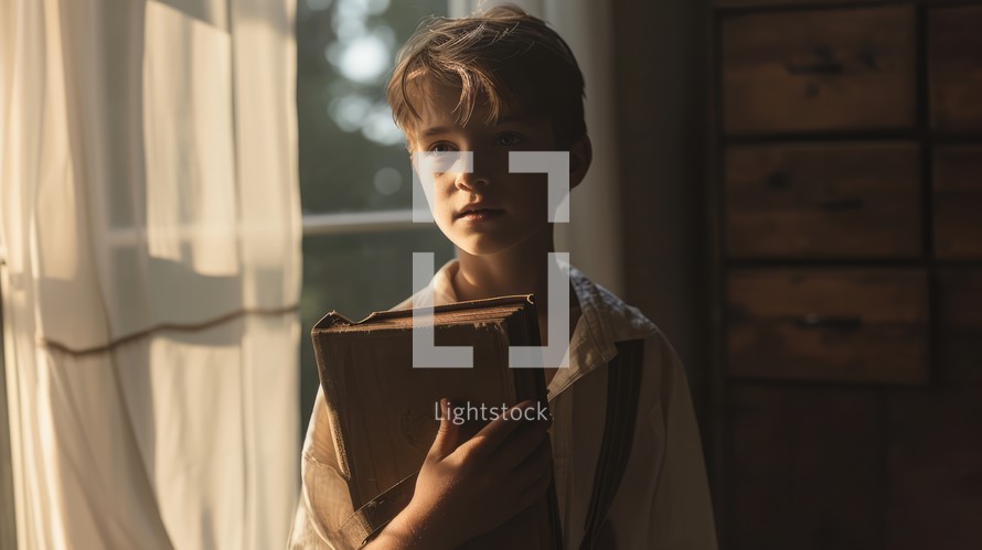Portrait of a young boy with the Holy Bible in his hands by the window.