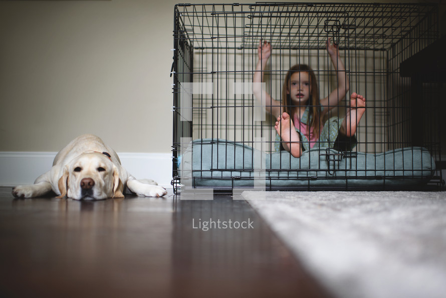 a little girl in a dog cage and a sleeping dog 