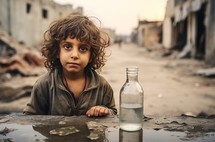 A thirsty Middle Eastern child in dirty clothes, drinking water while witnessing the horrors of war, paints a heart-wrenching scene