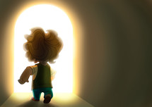 a boy entering a glowing door 
