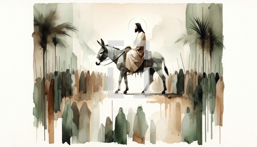 Jesus entering in Jerusalem. Palm Sunday. New Testament. Watercolor Biblical Illustration	