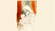 Portrait of Jesus Christ holding a child, smiling. Digital watercolor painting.