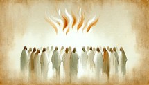 Pentecost Sunday: The Holy Spirit Comes as Tongues of Fire. Digital illustration of the Holy Spirit descending on the believers. Rear view.

