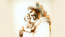 Digital composite image of Jesus Christ with a kid in his arms, smiling. Digital illustration.