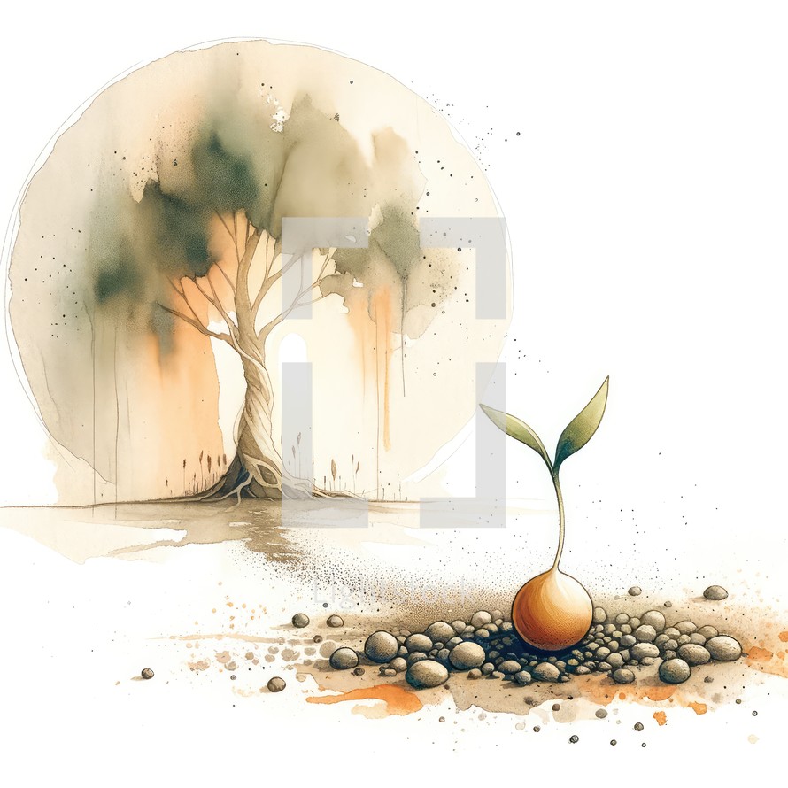The mustard seed. Watercolor illustration of  a little sprout growing from the ground and a big tree in the background