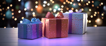 Christmas. Colorful gift boxes on table, bokeh background, copy space