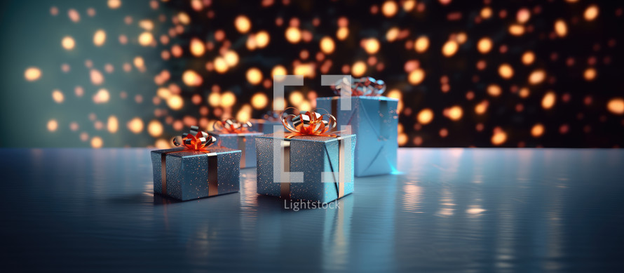 Christmas. White gift boxes with golden bow on bokeh background with copy space