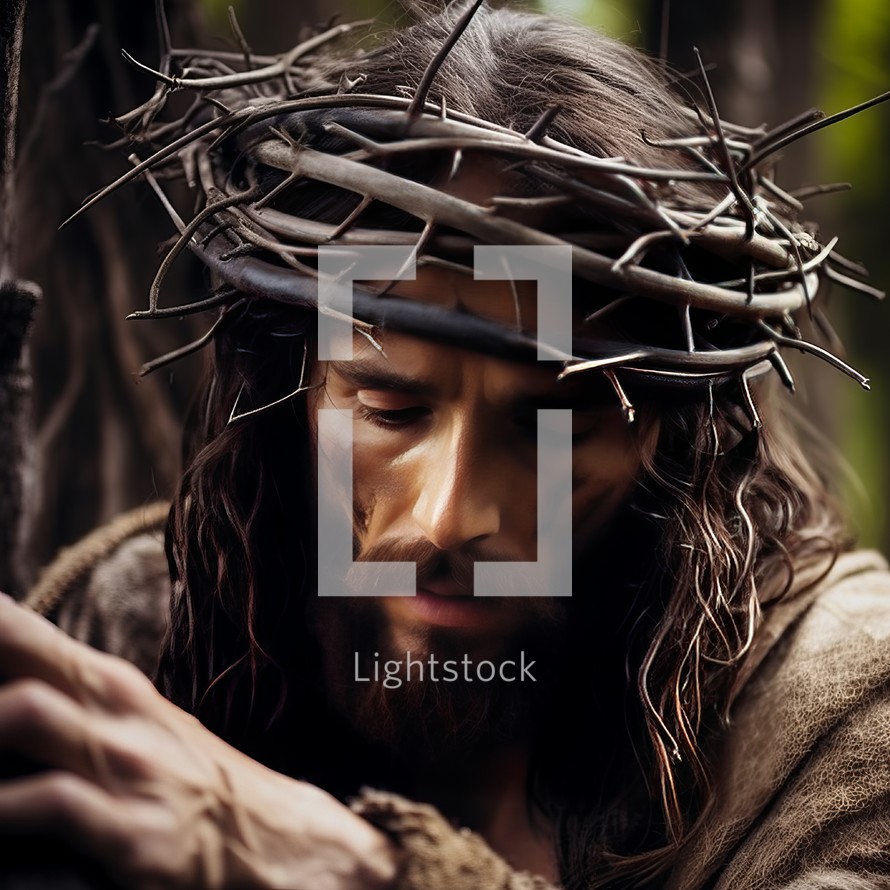 Jesus Christ in a crown of thorns, conveying a profound sense of suffering and sacrifice, highlighting the crucifixion narrative