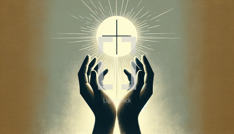 Hands of Jesus Christ on a background of the cross and the sun. Digital illustration

