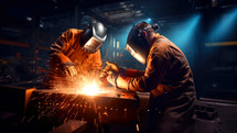 Industrial workers in safety mask and protective mask welding steel structure in factory