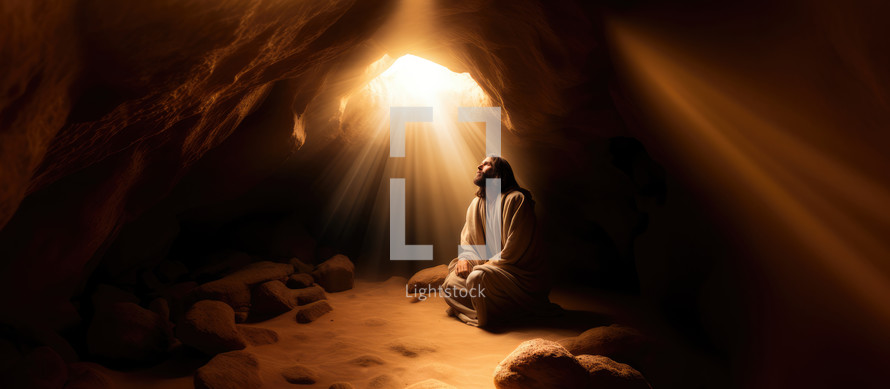 Portrait of Jesus Christ sitting in the cave. Dark background. Rays of light and smoke