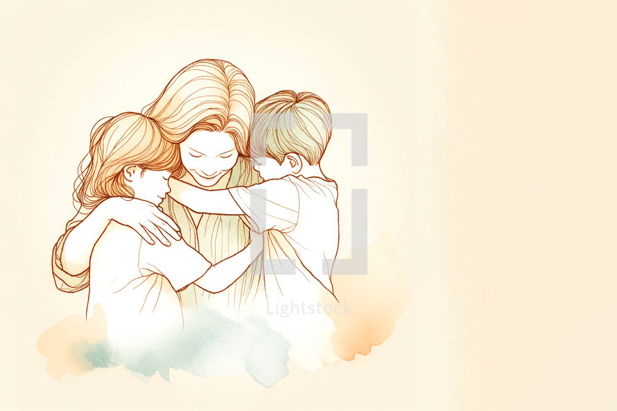  Mother and children hugging each other on a white background with copy space.
