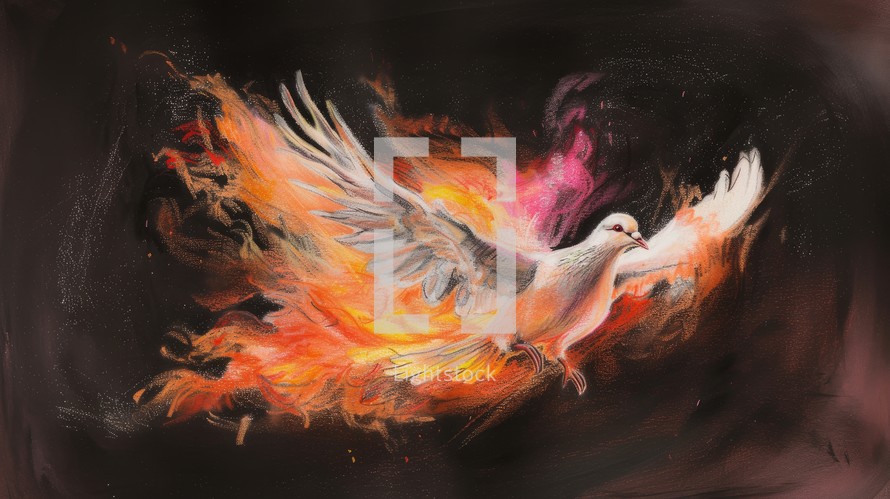 Holy spirit, Dove in flames. Dove of peace on a black background with splashes of color.

