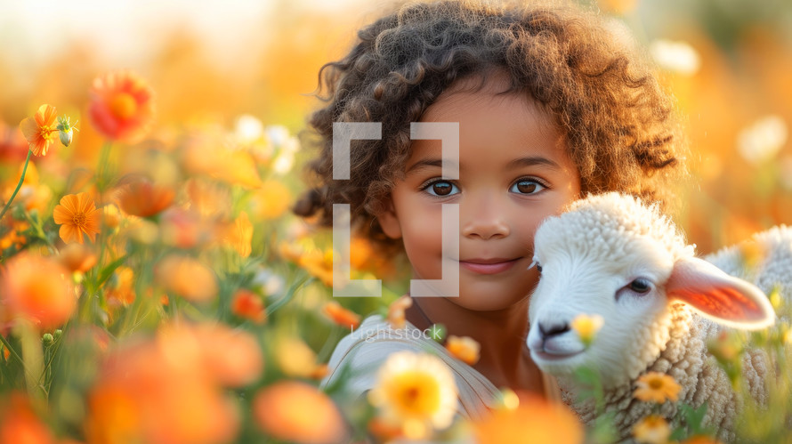 Cute african american little girl with sheep in flower field