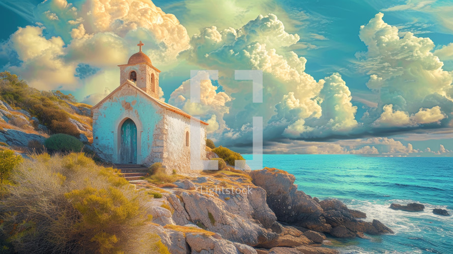 Beautiful dreamy seascape with a church on the coast of the sea.