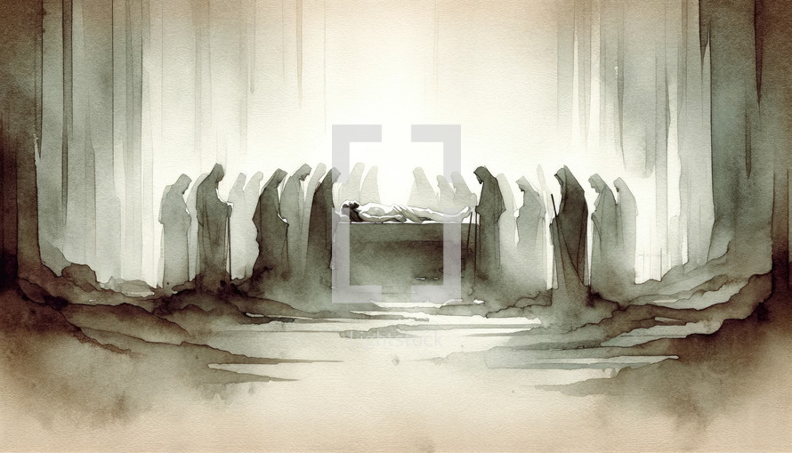 Jesus Christ is laid in the tomb. Watercolor digital painting.