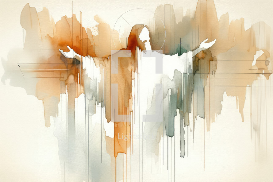 Jesus Christ in worship. Abstract watercolor background. Digital watercolor painting.