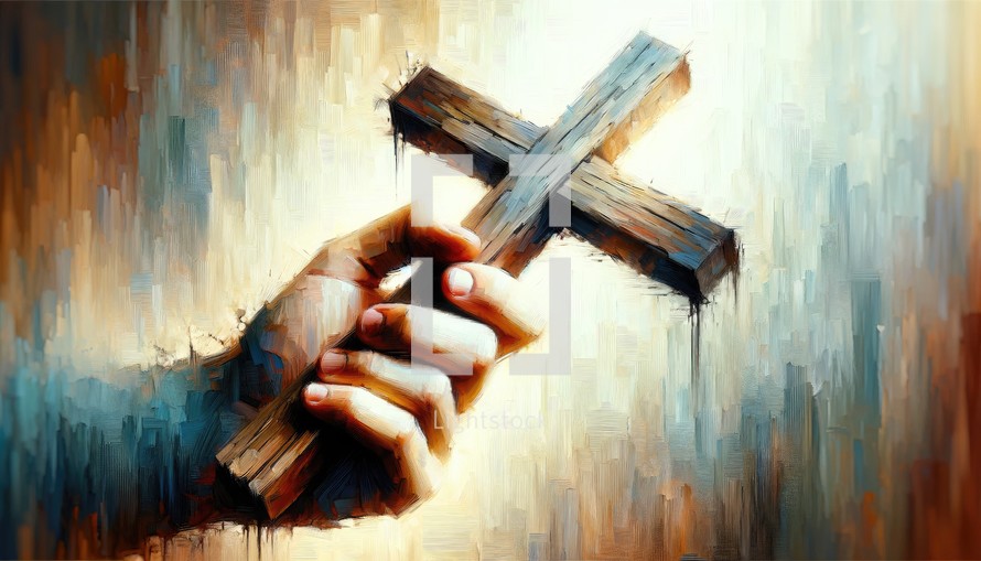 Christianity religion concept. Hand holding wooden cross. 3D rendering.

