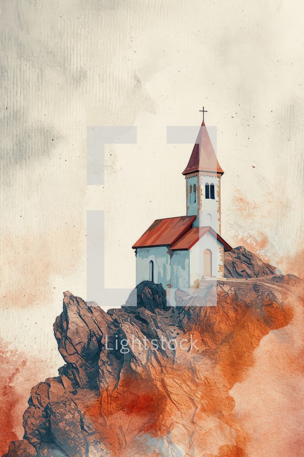 Church on the top of the mountain. Watercolor painting illustration.