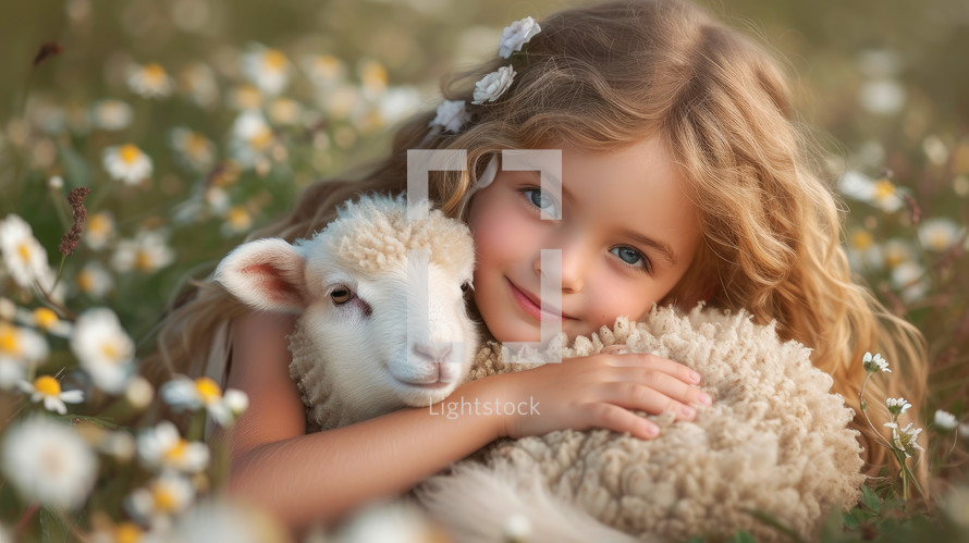 Cute little girl with lamb on camomile field. Child with lamb.
