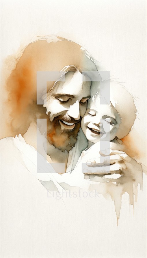 Digital watercolor painting of Jesus Christ with baby Jesus, smiling.