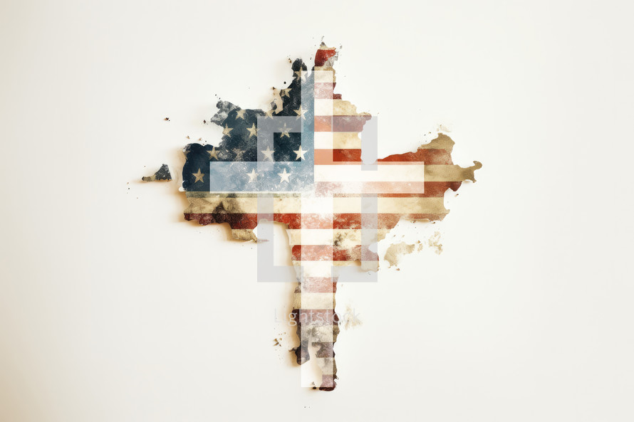 Christian Cross over map with flag of united states of america in grunge style